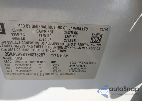2015 GMC Terrain Sle-2 from USA, damaged, VIN 2GKALREK7F6376287